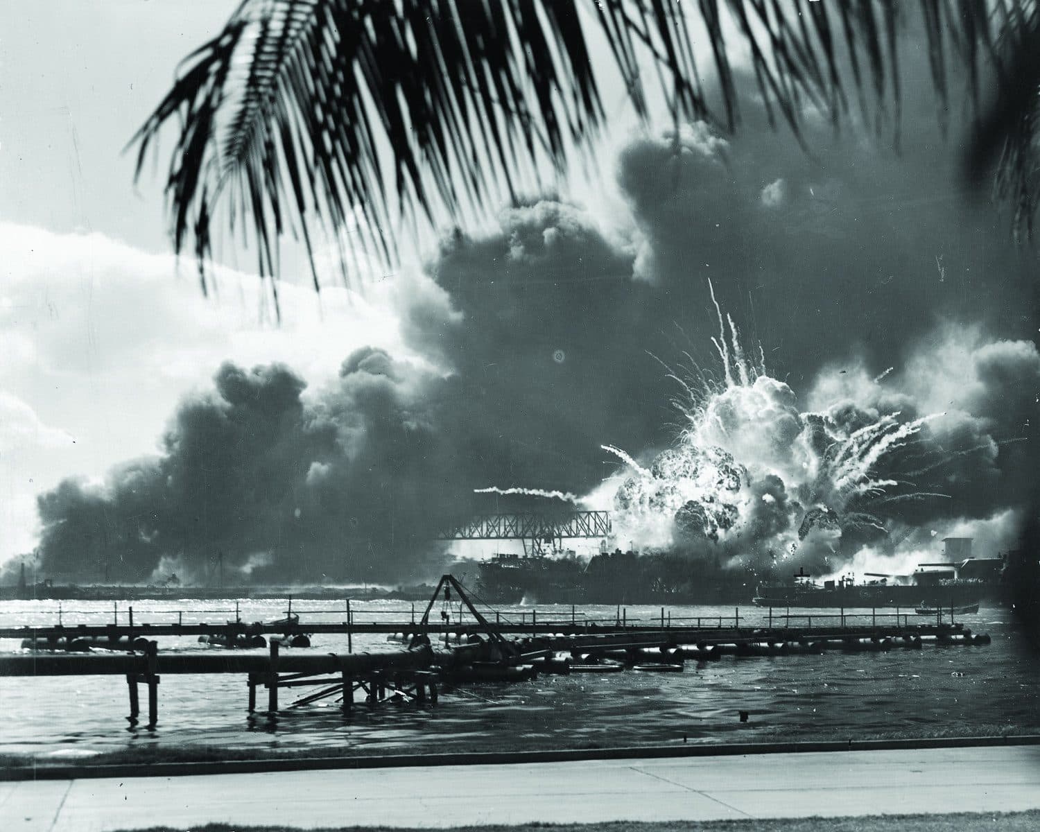 An explosion and rising smoke over the water at Pearl Harbor, framed by a palm frond